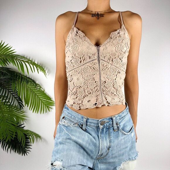 Vintage Beige Floral Crochet Cottagecore Boho Cropped Coquette Lace Tank Top / S - Picture 1 of 6